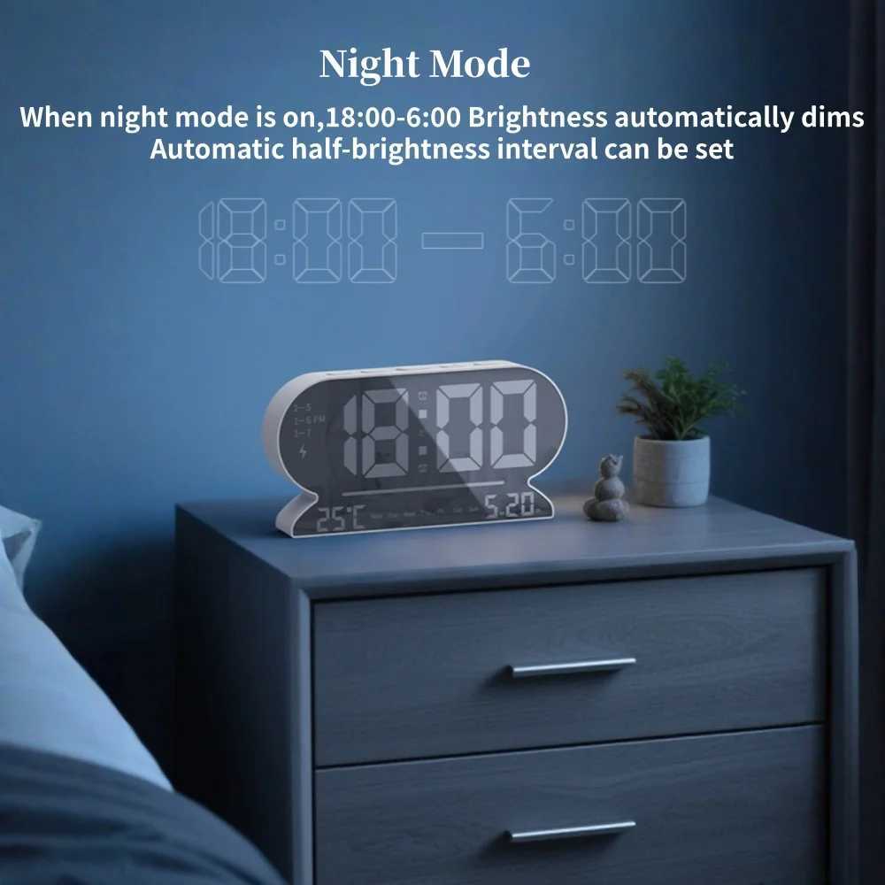 USB Powered Digital Alarm Clock TEMP Date Week 2 Alarm Night Mode Snooze Table Clock 3 Levels Brightness 12/24H LED Wall Clock D260318