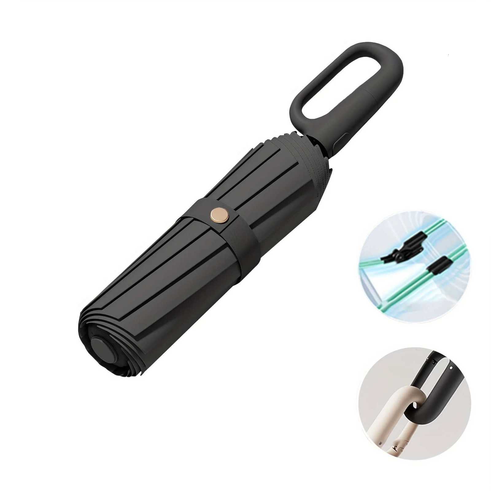 Automatic Folding Umbrella With D-style Non-slip Hook Handle Solid Color Casual Portable Lightweight Durable Umbrella H260318 - view 6