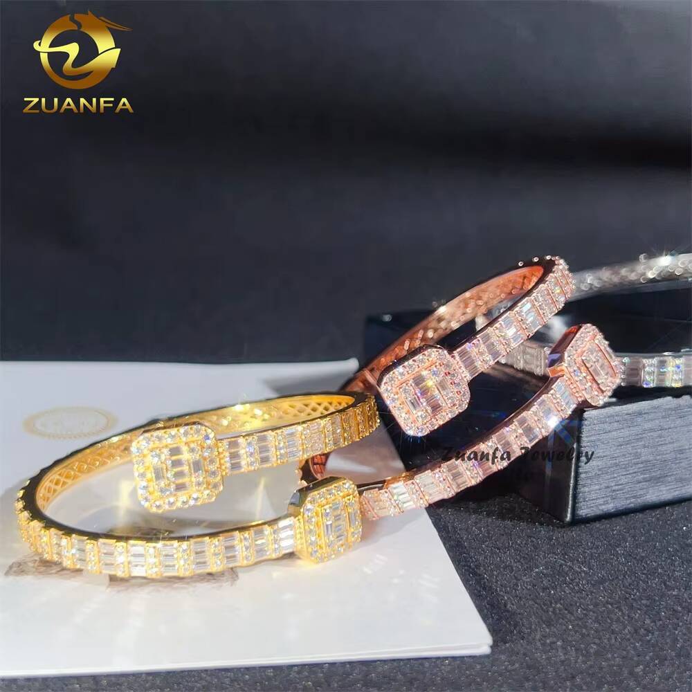Hip Hop Style 5MM Width Iced Out Baguette Diamond Square Clasp 925 Silver Moissanite Bangle Bracelet