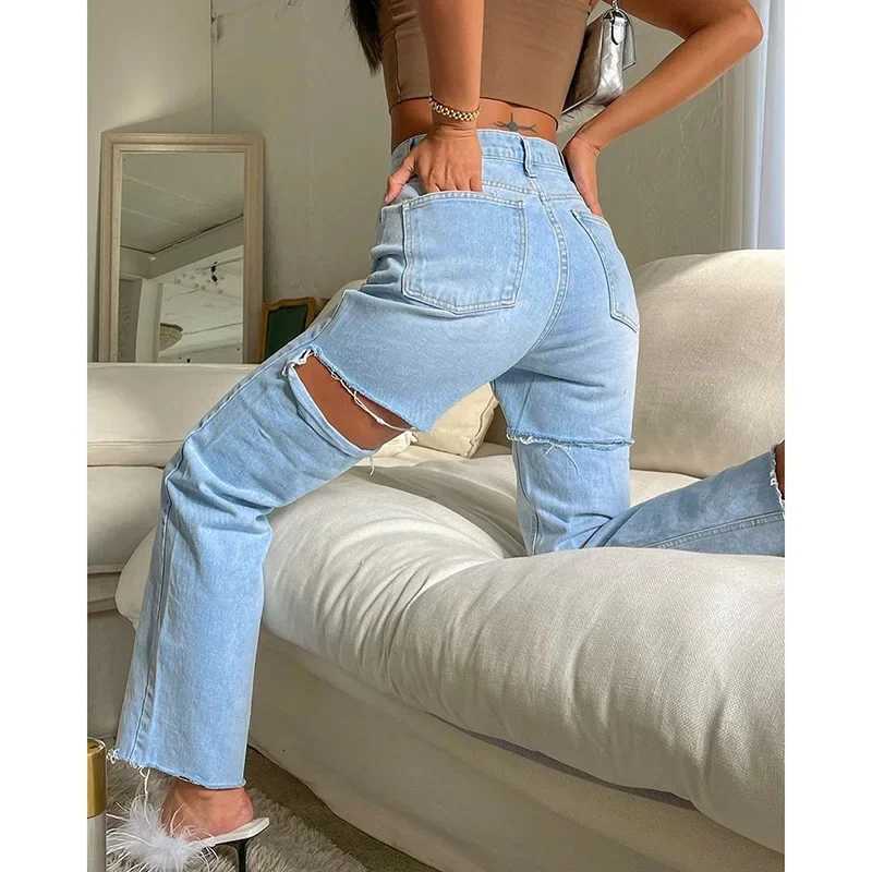 DRC Female Fashion All-match Denim Trousers Spring 2024 New Simple Casual All-match Slim Hot Girl Ripped JeansT260317