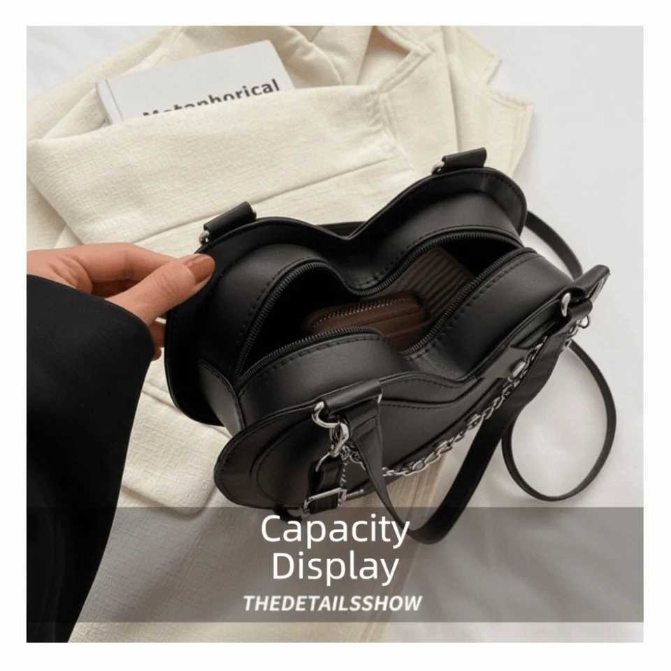 Y2K PU Leather Black Shoulder Bag Chain Rivet Large Capacity Gothic Tote Bag Portable Heart Shaped Women Crossbody Bag GirlsZ260317