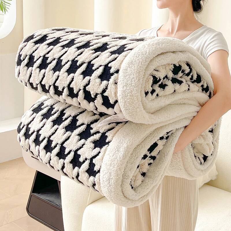 Houndstooth Pattern Spring Autumn Warm Fleece Cozy Office Naps Sofa Bed Throw Blankets Jacquard Soft Plush Blanket