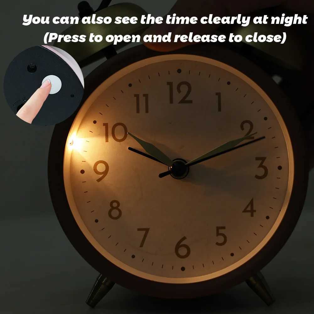 Retro Iron Small Silent Alarm Clock Fashion Desktop Clock with Creative Hands Quartz Nightlight Timer No Battery Included D260318