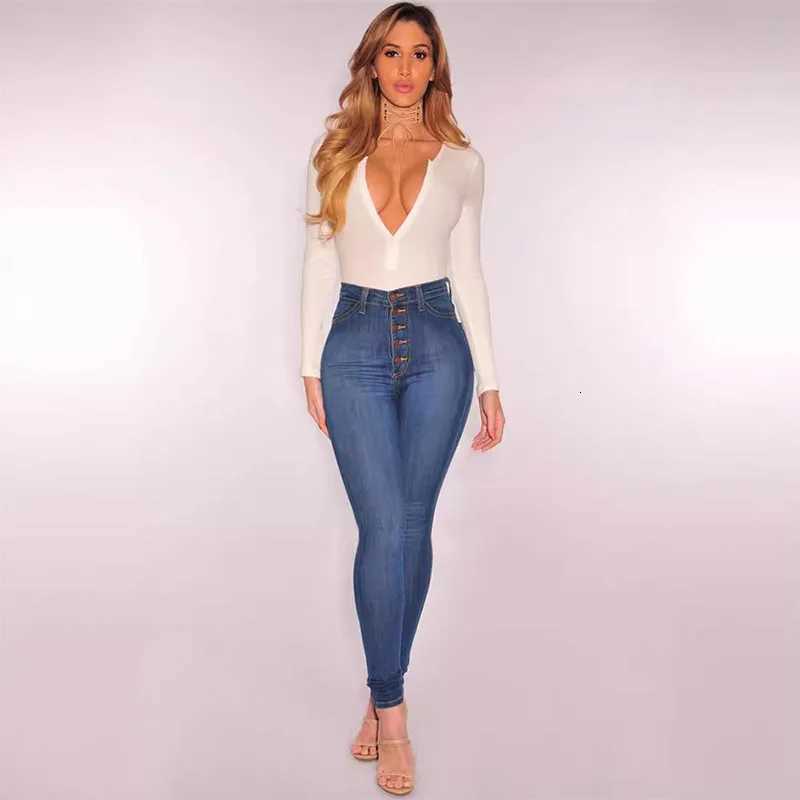 Women High Waist Elastic Slim Fit Skinny Jeans Lady Vintage Button Pencil Long Pants Narrow Straight Wrap Hips Casual TrousersT260317