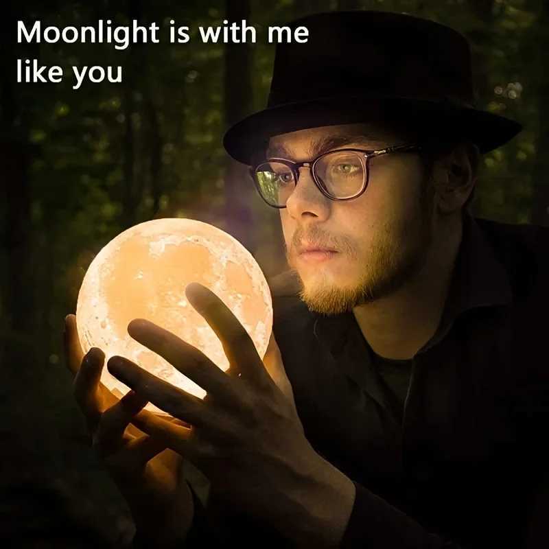 LED night light 3D printed moon lamp 12CM battery-powered with stand starry sky light three-color bedroom decoration gift H260318