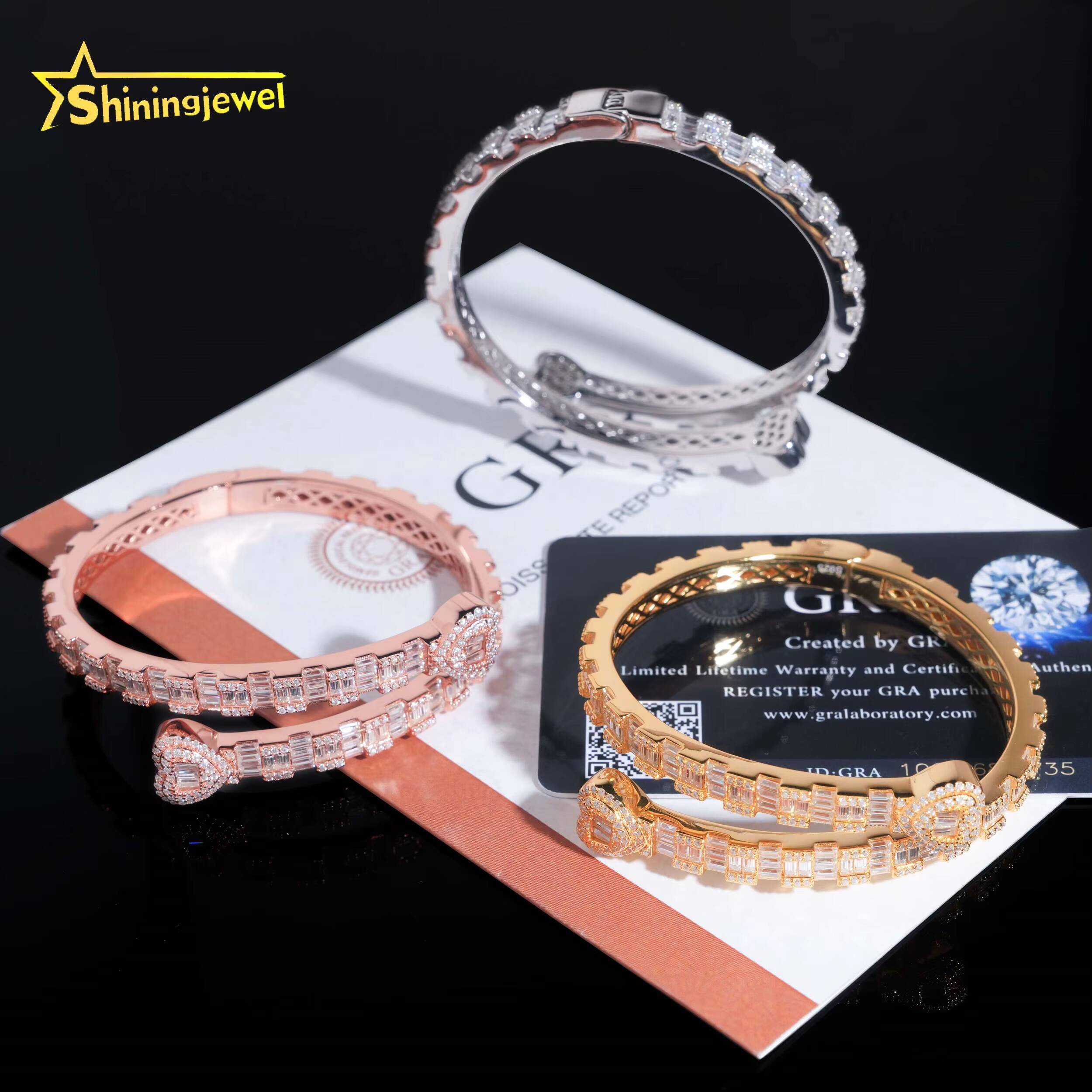 Solid 925 Silver Gold Plated VVS Baguette Moissanite Diamond Heart Bangle Bracelets Fashion Jewelry Pass Diamond Tester