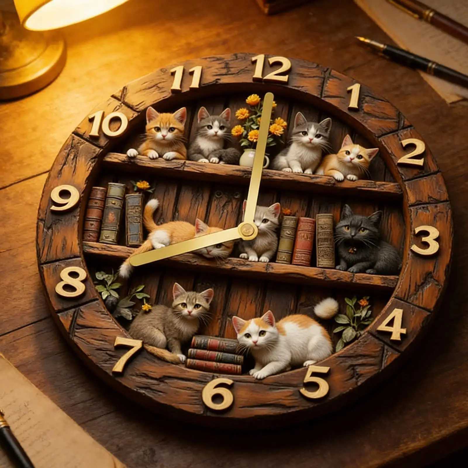 Cat Theme Wooden Wall Clock 12 Inch Cute Animal Decoration for Living Room Bedroom Farmhouse Home Office Decor Silent Clock D260318