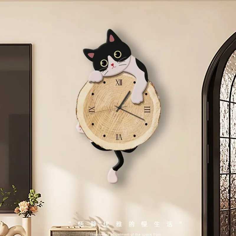Cartoon Cat Wall Clock Creative Cat Tail Swing Wall Clock Quartz Mute Wall Clock Home Decoration Living Room Bedroom Decoration D260318