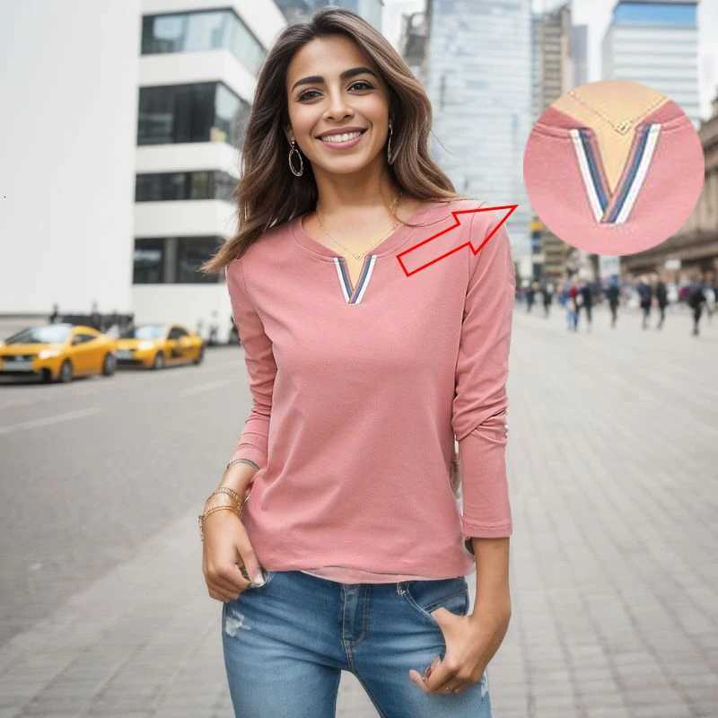 2024 V Neck 100 Cotton T Shirt Women Autumn Fashion Long-Sleeve Tops Womens Plus Size T-shirt Loose Korean Style Female BlouseT260317