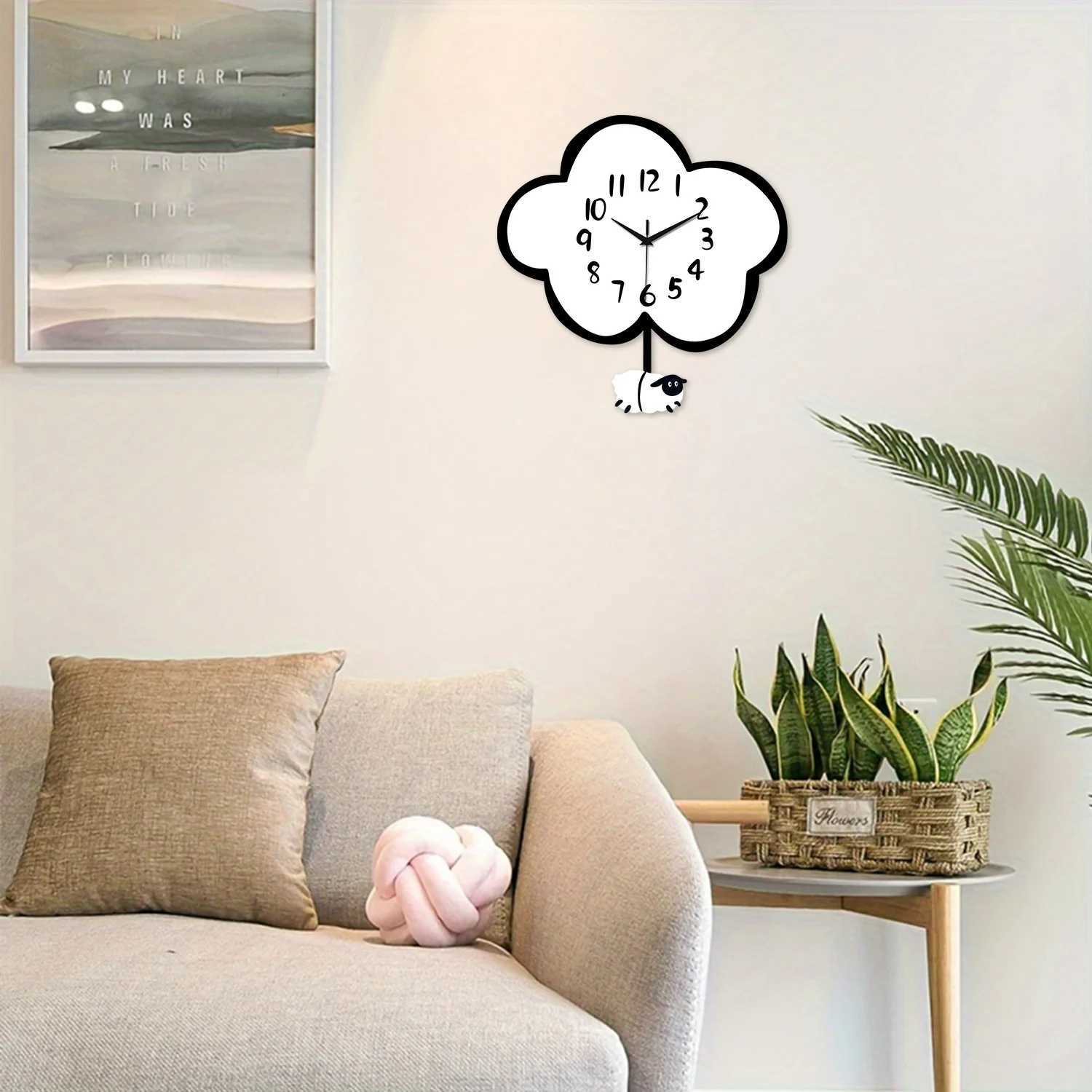 Wooden Cloud Sheep Large Swing Wall Clock Battery Powered Silent Swing Clock Living Room Bedroom Home Kitchen Aesthetic Room Decoration Wall Clock Uni