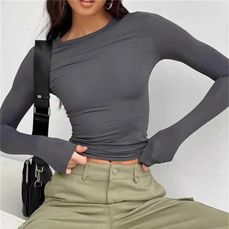Solid Slim Fit Casual Women Long Sleeve T Shirt Spring Autumn Y2k Streetwear Crop Pullover Top Female O Neck Pullovers Basic TeeT260317