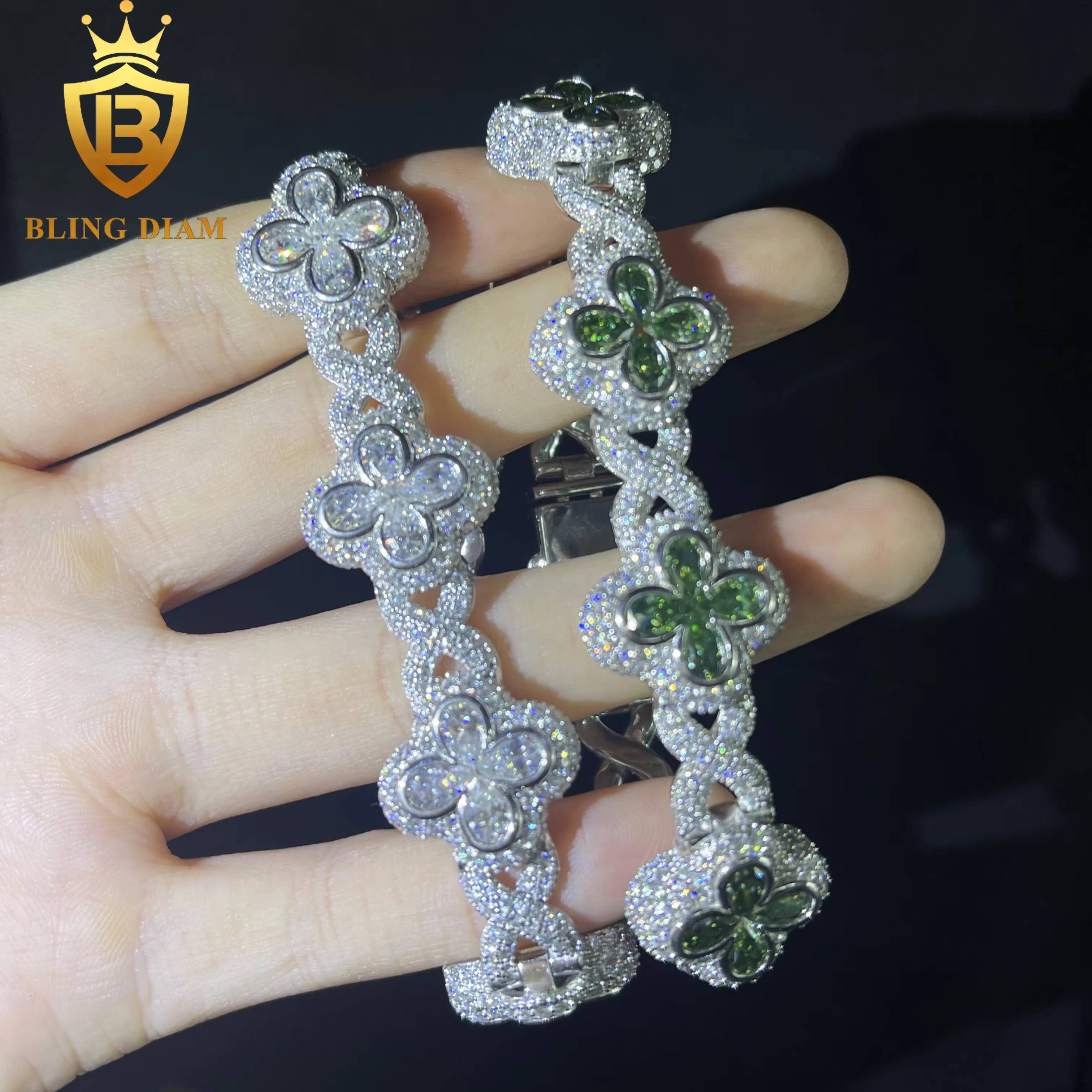 Iced Out Bracelet 4 Leaf Clover Flower 925 Sliver Fine Jewelry 18mm Green Stone Vvs Pear Cut Moissanite Gra Certificate