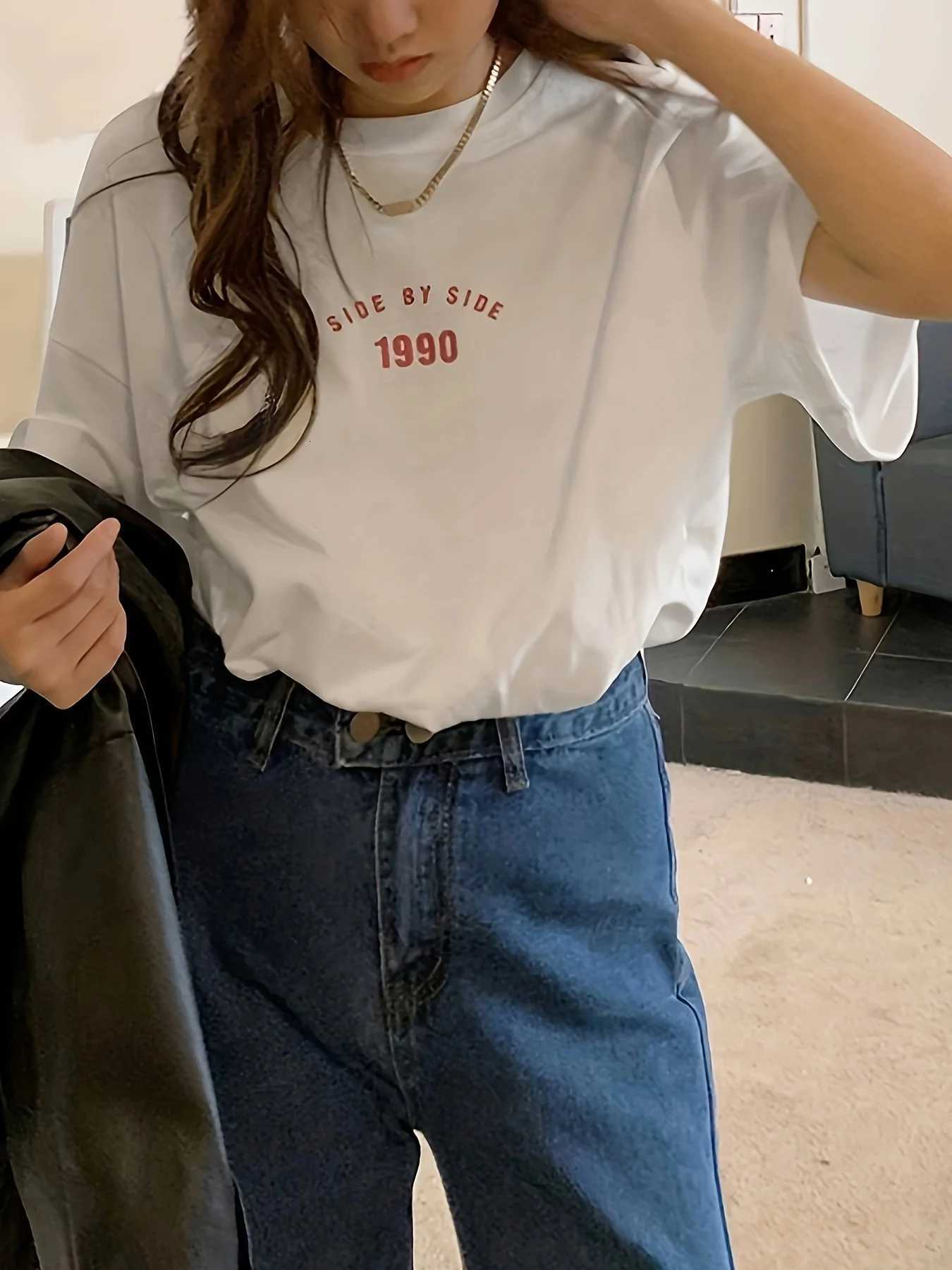 Korean Style 1990 Side By Side Letter Printed Female T-Shirt Summer Casual T Shirt Fashion Loose Streetwear Women TopsT260317