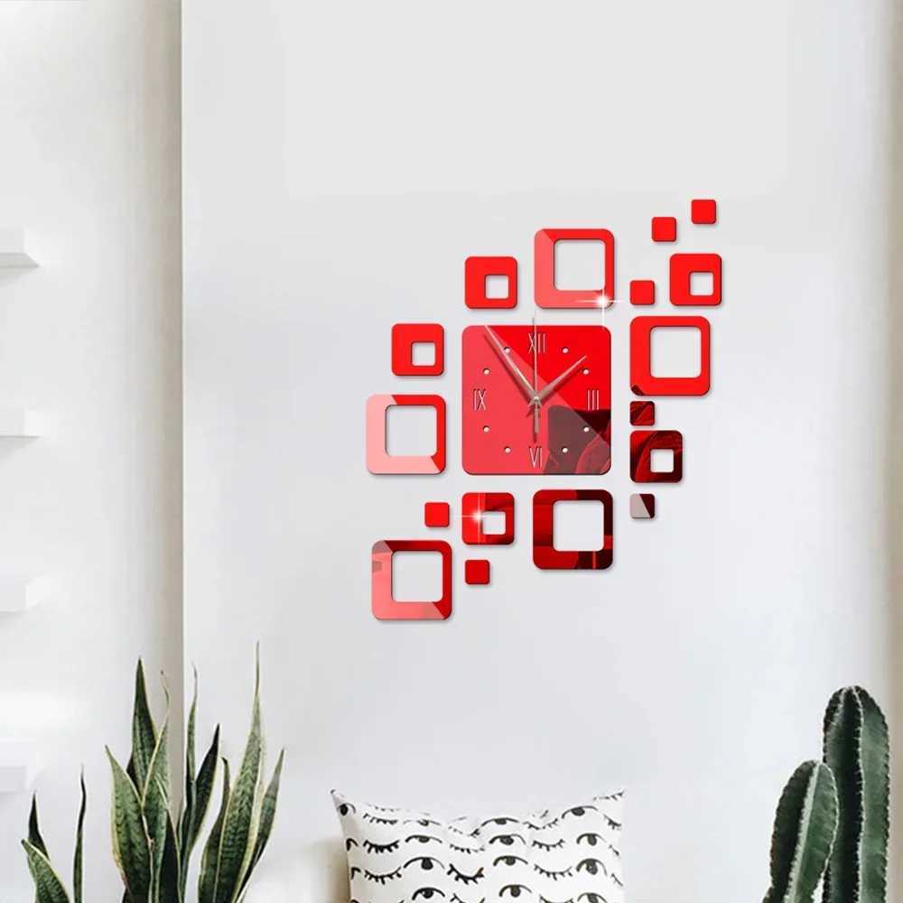 Acrylic Creative Hollow Square Mirror Wall Clock Diy Stickers Personality Mute Modern Design Home Decoration Watch D260318