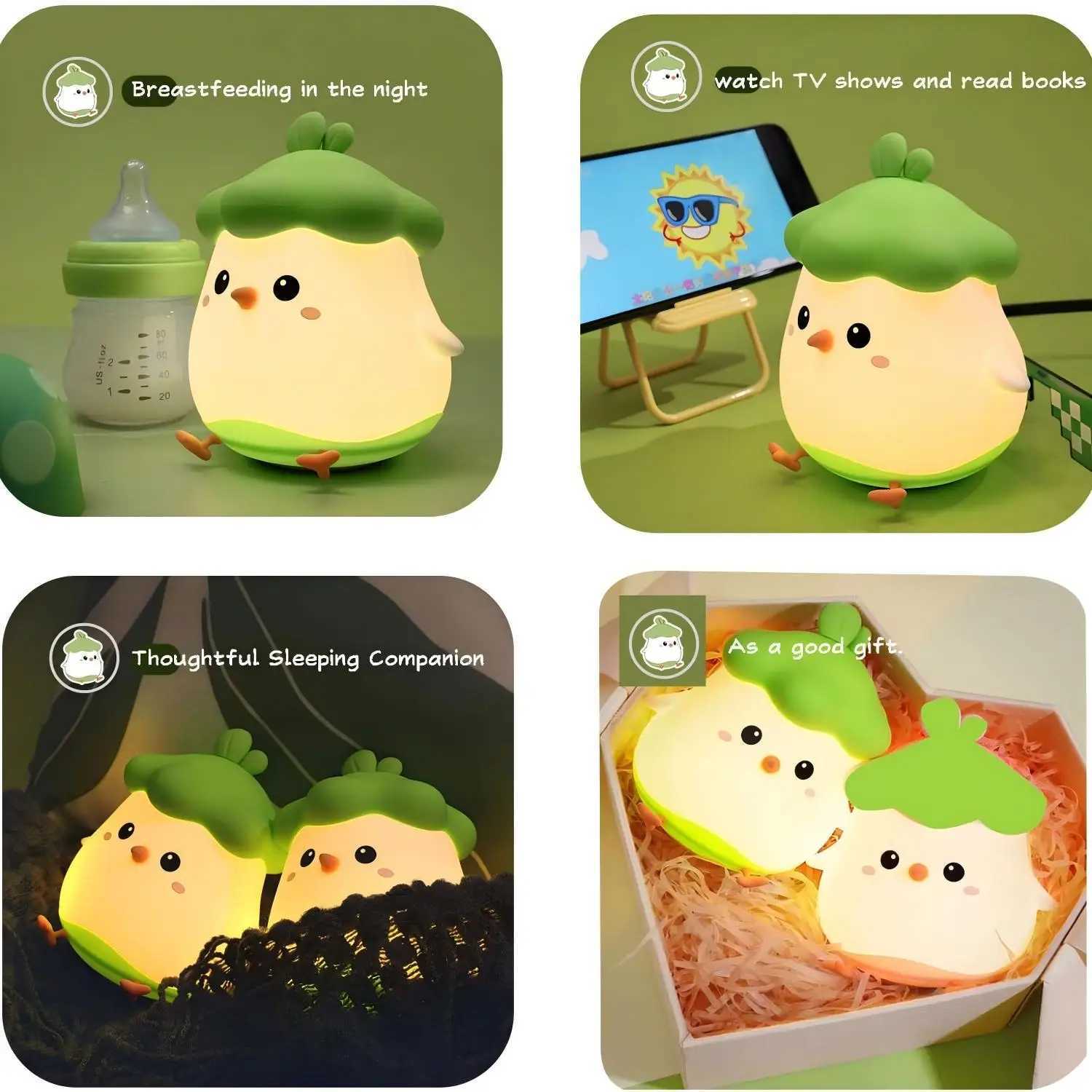 Cute Chicken Night Light Soft Silicone Sleep Lamp USB Rechargeable Bedside Light for Room Decor Easter St Patricks Day Birt H260318