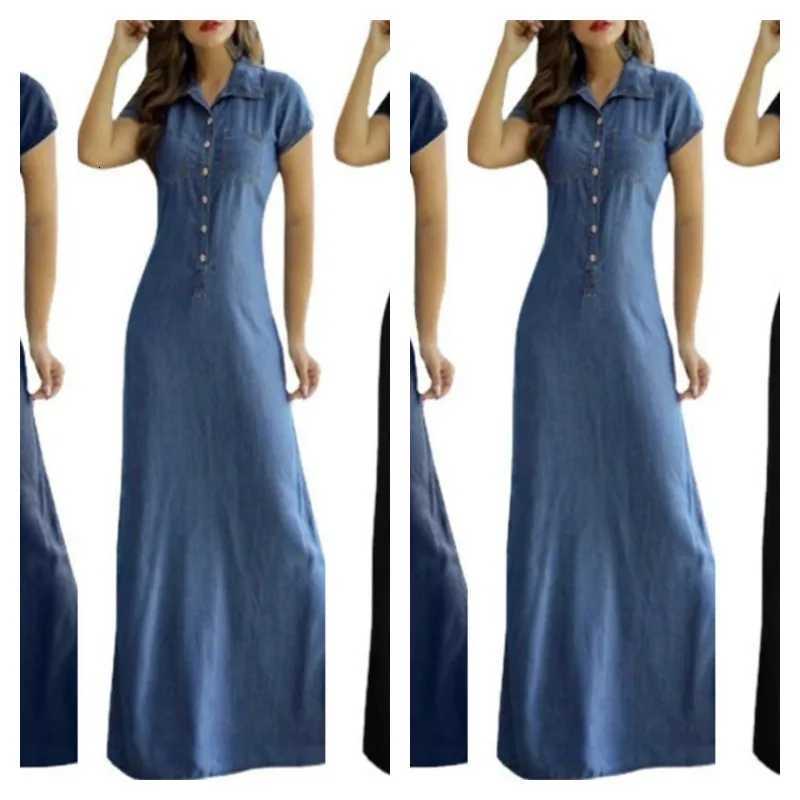 Europe And America Cross Border New Long Dress Shirt Collar Split Pocket Large Swing Dress Large Casual Denim DressXJ260318