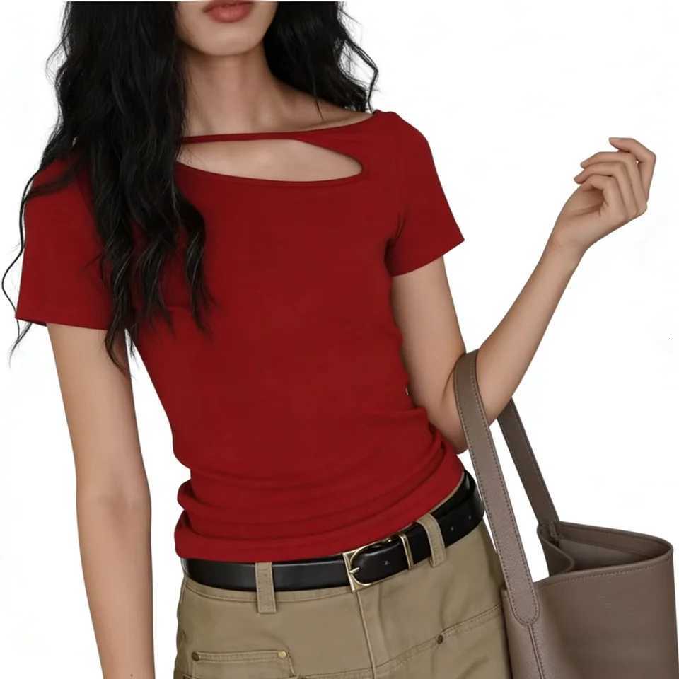 Womens Openwork Short-Sleeved Straight-Shoulder T-Shirt Stylish Summer Slimming Base Layer T-Shirt Womens TopT260317
