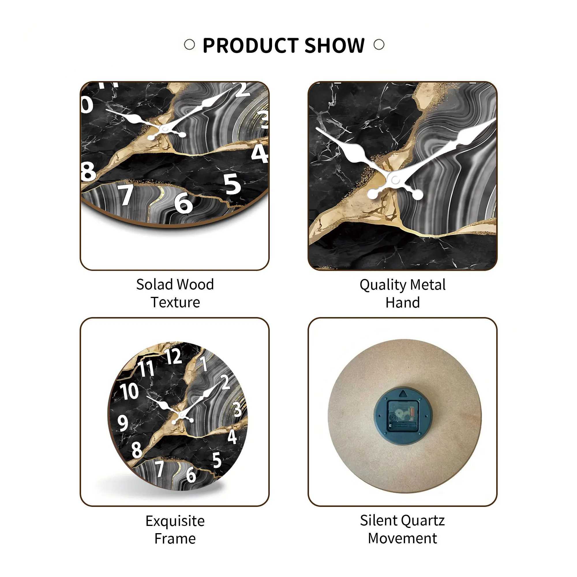 1pc round wooden wall clock modern simple marble texture pattern design wall clock silent clock suitable for living room din D260318