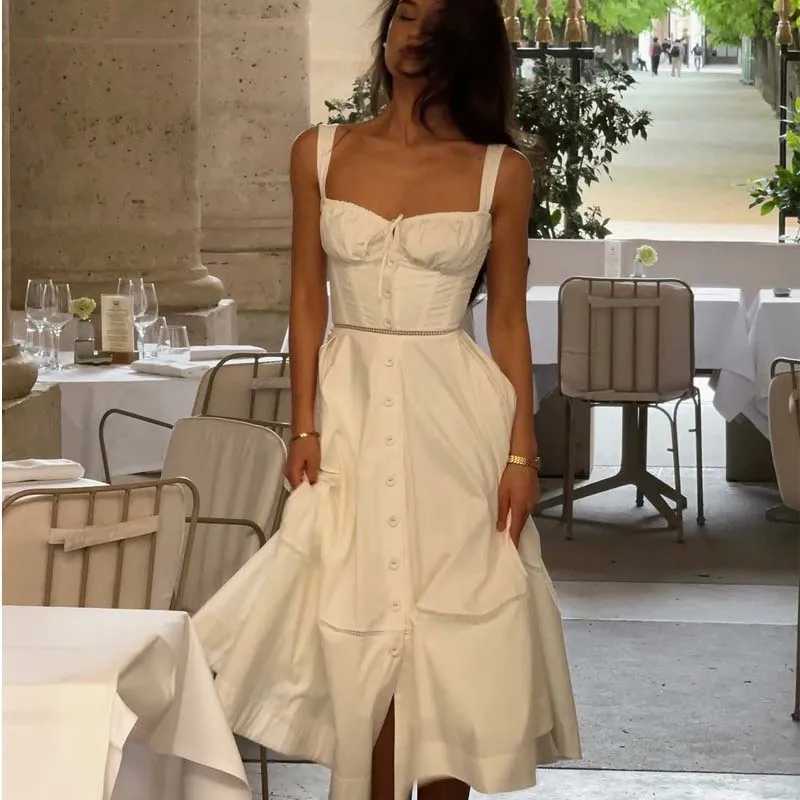 YENKYE Sexy Lace Up Bandage Back Elegant White Sling Dress Women Front Button A-line Cotton Corset Style Summer Dress Midi Robe L260305