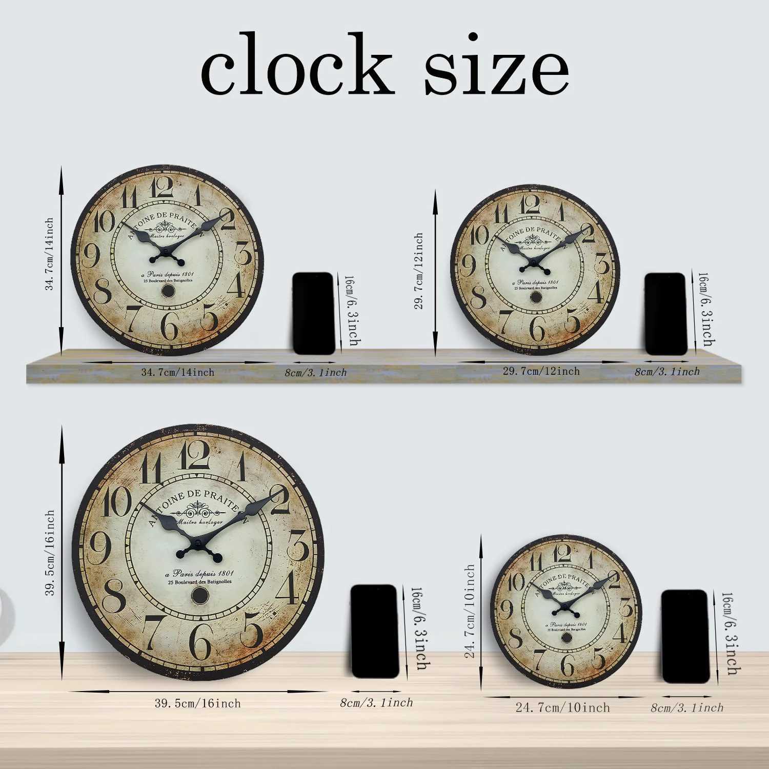 Praiteon a Paris Dehuis1801 Pattern Wooden Wall Clock Living Room Bedroom Kitchen Home Decoration Wall Clock Silent Quartz Clock Holiday Gift 10 Inc D