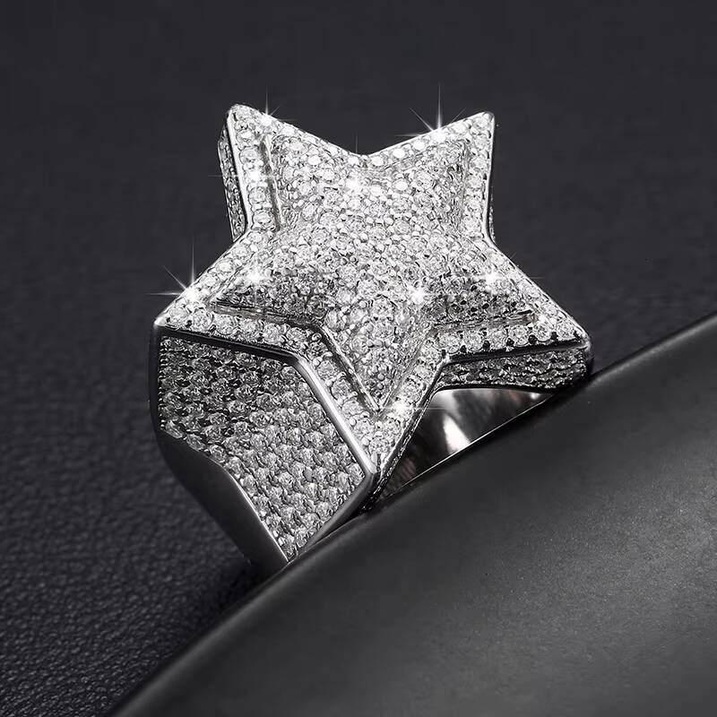 Hiphop Mens Womens Fine Jewelry Iced Gold Plated 925 Sterling Silver VVS Moissanite Diamond Star Ring with GRA Certificate