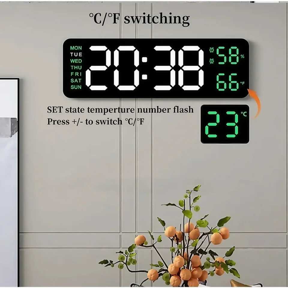 LED Digital WallDesk Alarm Clock 12/24h/3 levels Dimming/Date/Day of Week/Temp DisplayBattery or USB Powered for HomeOffice D260318