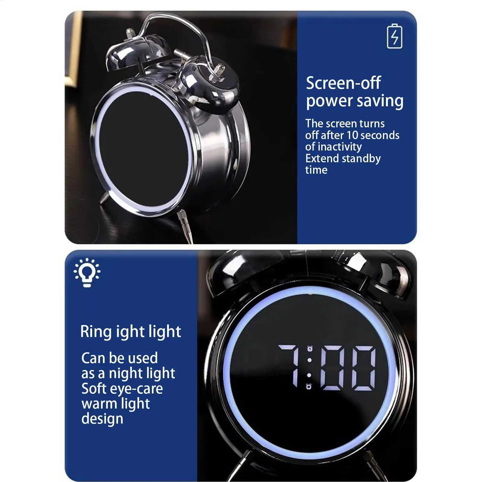 Retro Digital Alarm Clock LED Display Loud Bell Alarm Clock Analog 2 Bell High-pitched Alarm Clock Non Ticking For Heavy Sleeper D260318