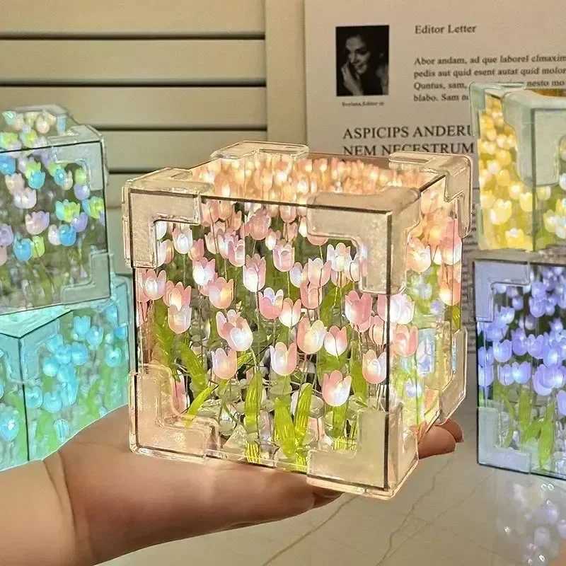 DIY Handmade Tulip Mirror Cube Lamp Simulation Flower Bedroom Sleeping Table Lamp Craft Tulips Mirror Night Light Birthday Gift H260318