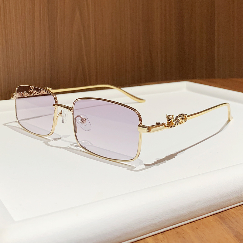 Luxury Brand Designer Sunglasses New European And American Trendy Full-Rim Sunglasses For Men, Metal Leopard Head Square Frame Sunglasses For Women, C