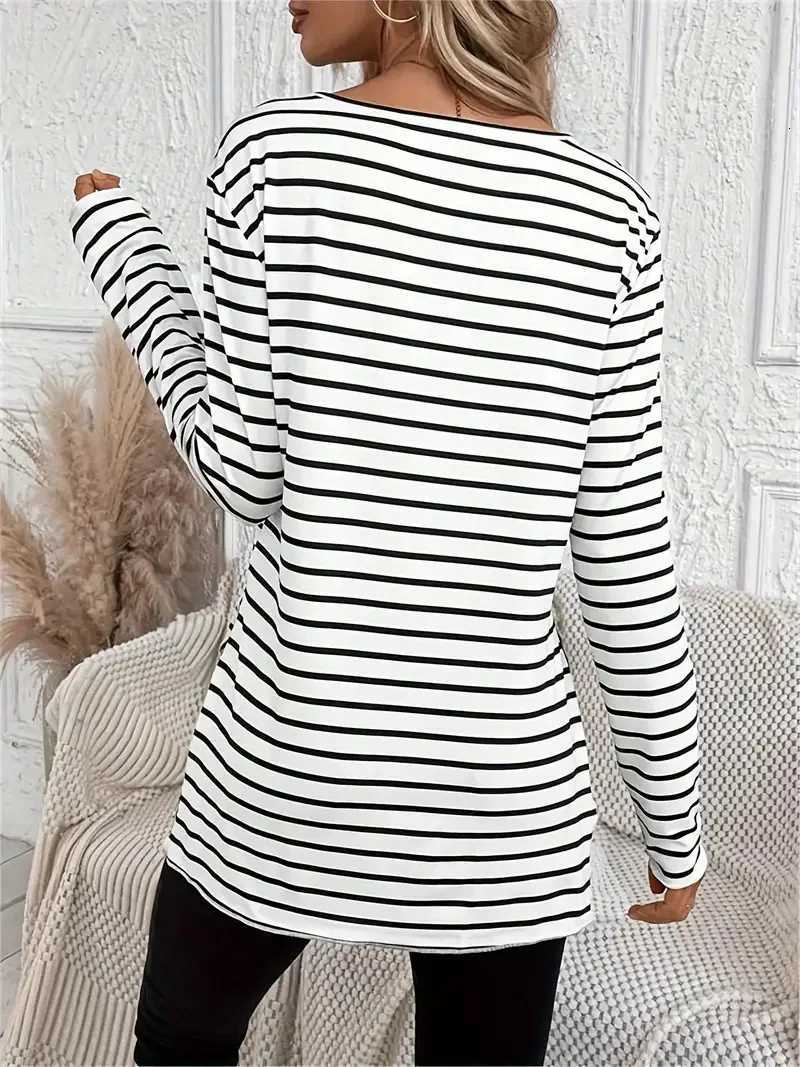 Stripe print crew neck t-shirt casual long sleeve slit t-shirt spring and autumn womens wearT260317