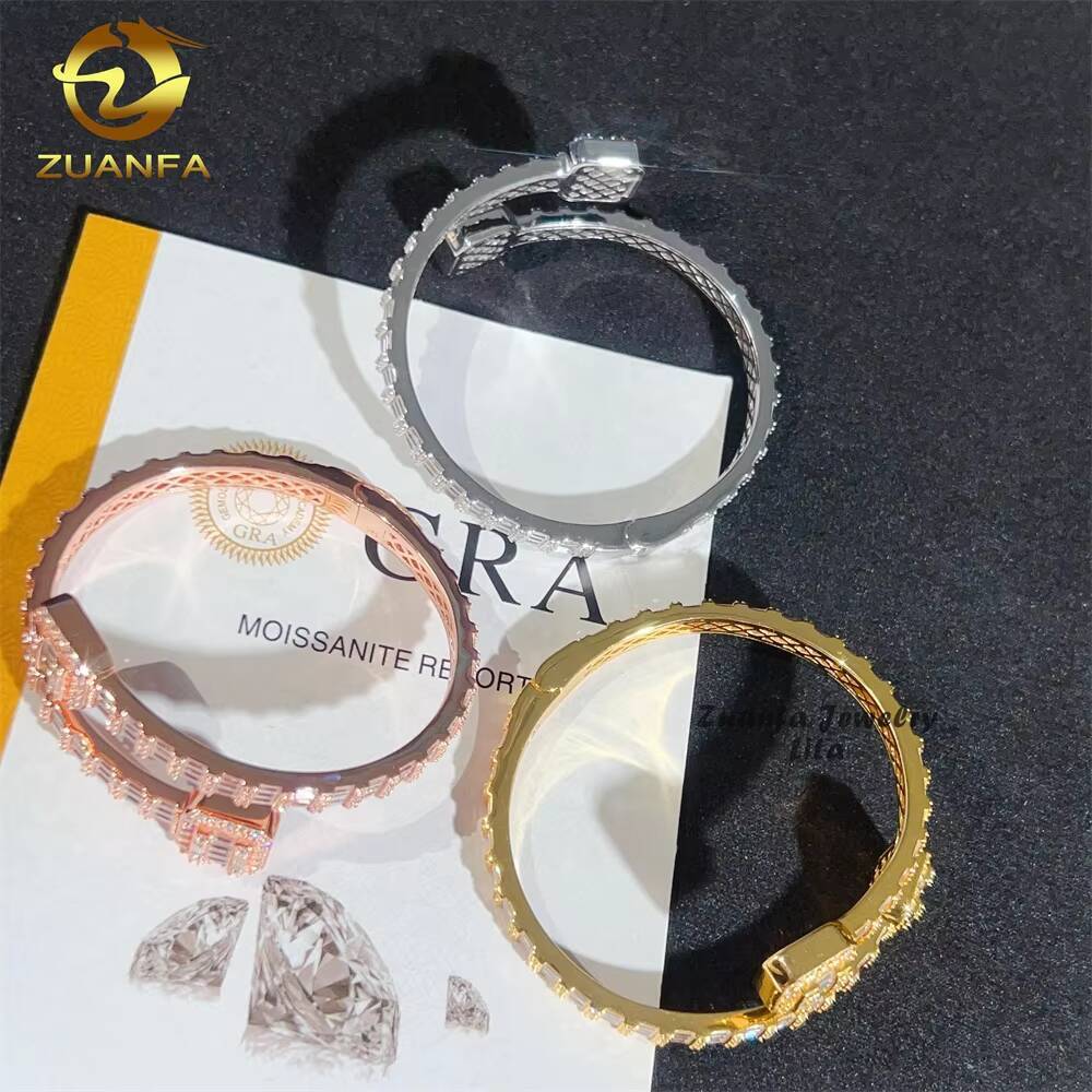 Hip Hop Style 5MM Width Iced Out Baguette Diamond Square Clasp 925 Silver Moissanite Bangle Bracelet