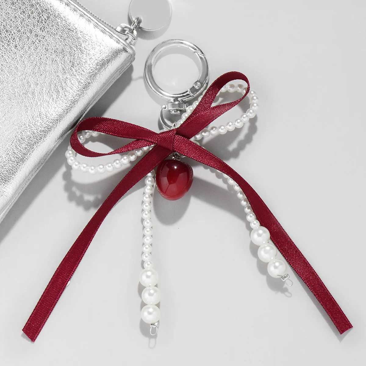 Wine Red Ribbon Cherry Pendants Keychain Women Sweet White Pearl Bow Backpack Key Ring Jewelry Bags Decoration Friendship Gifts H260318 - view 3