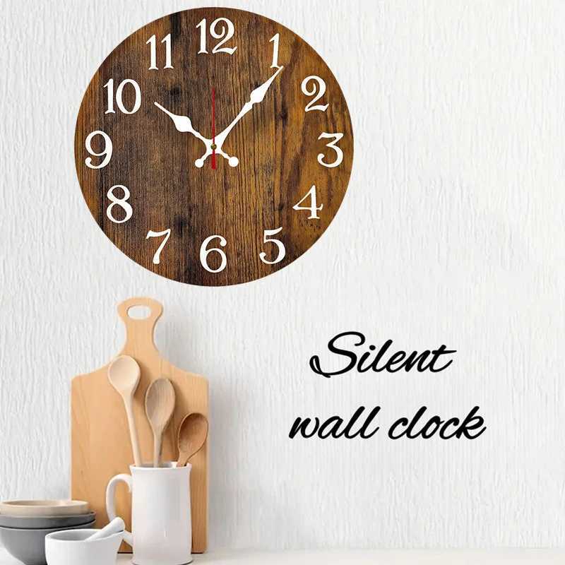 Rustic Brown Wooden Round Silent Hanging Wall Clock Suitable For Living Room Office Study Room Bedroom Home Decoration D260318