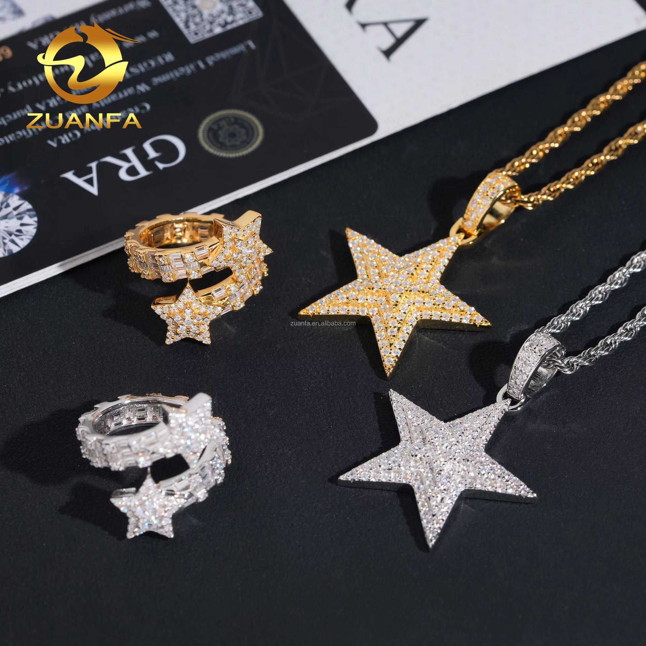 Bulk Stock Drop Shipping Elegant Jewelry Hip Hop Pendant 925 Silver Vvs Moissanite Diamond Star Pendant Star Ring Set Gift