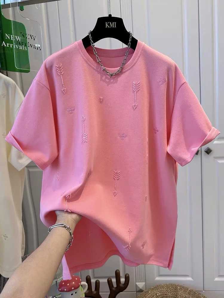 2026 Spring and Summer New Style Pure Cotton Loose Beaded Short-sleeved Fashionable T-shirt Female TopT260317