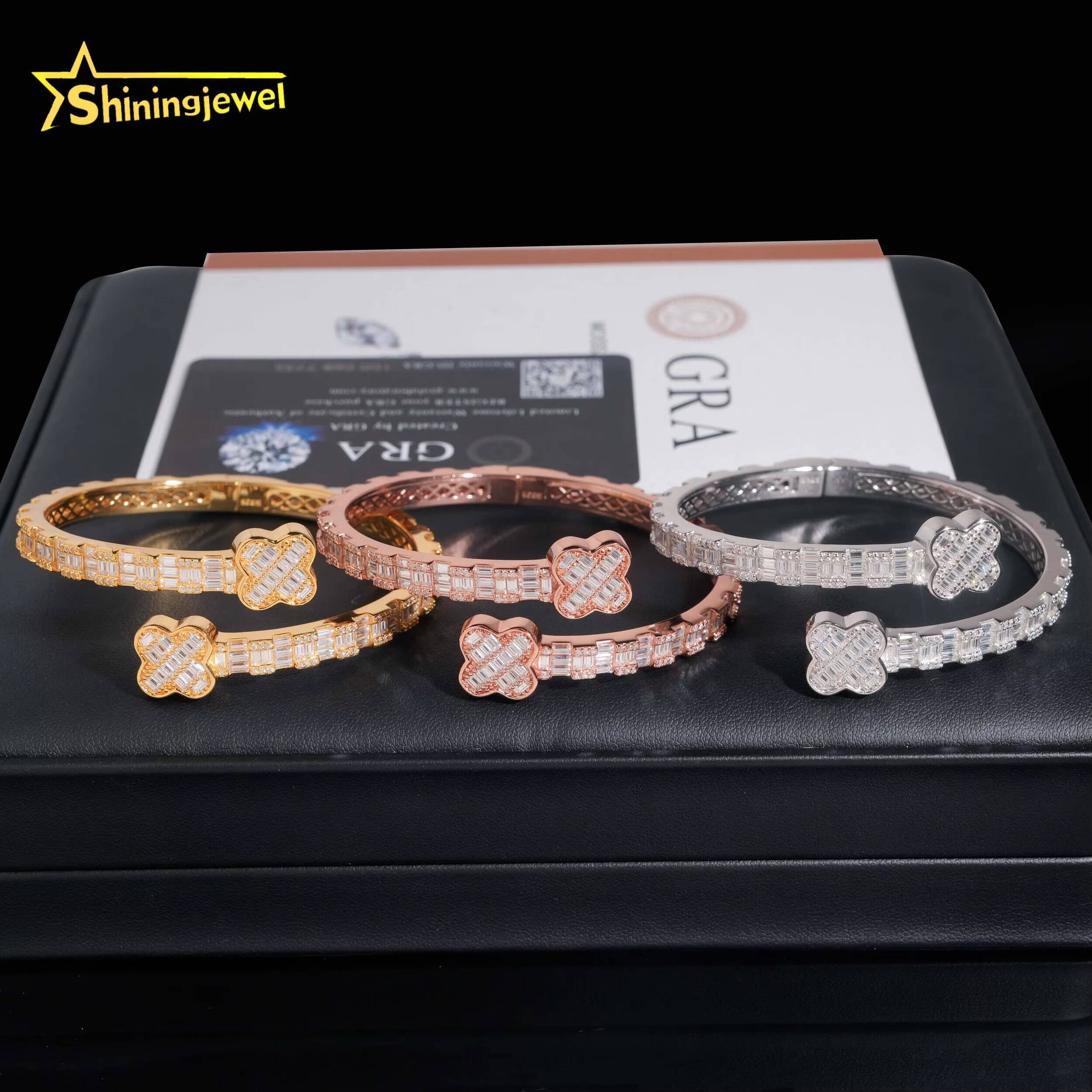 Fast Shipping Fine Jewelry Trendy S925 Silver Gold Plated Hip Hop 4 Clover VVS Baguette Moissanite Diamond Bangle Bracelet
