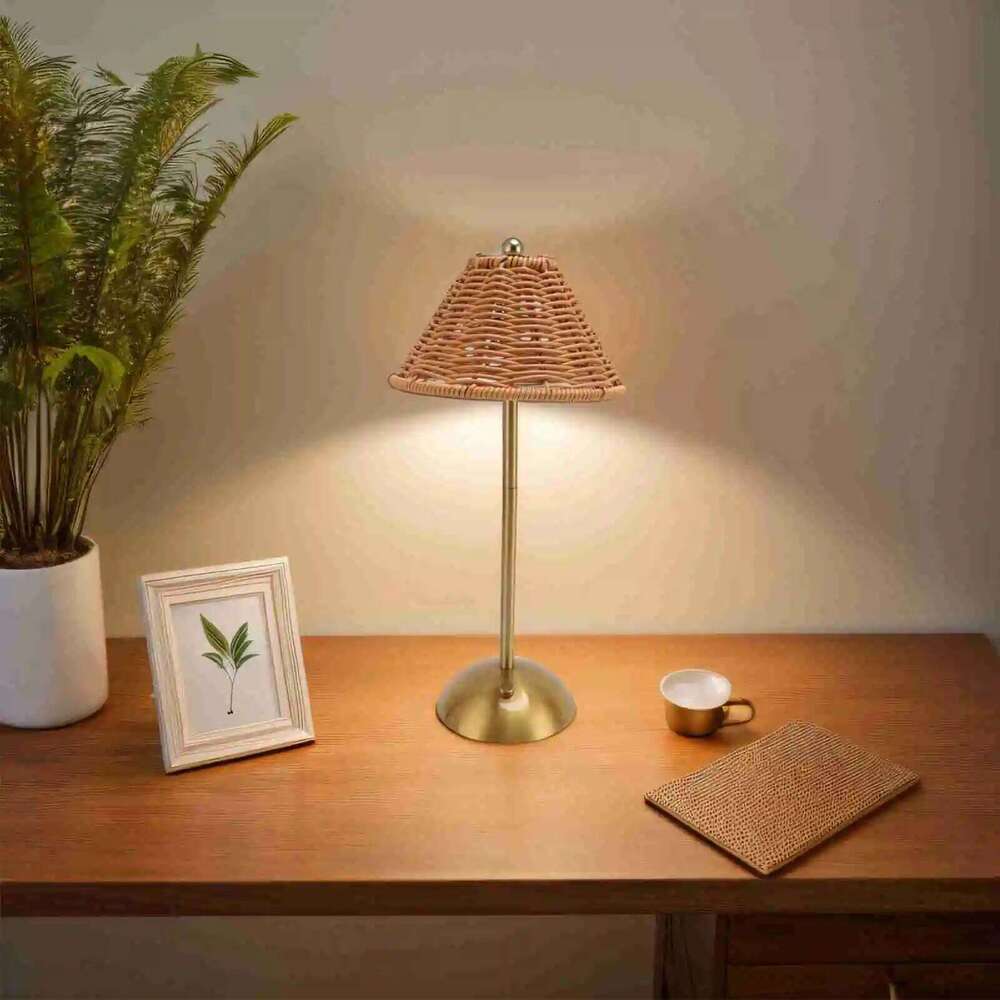 Cordless Boho Table 2W PC Rattan Weaving Rechargeable Desk Lamp Energy Saving Eye Care 600mAh for Home Restaurant 26H0318