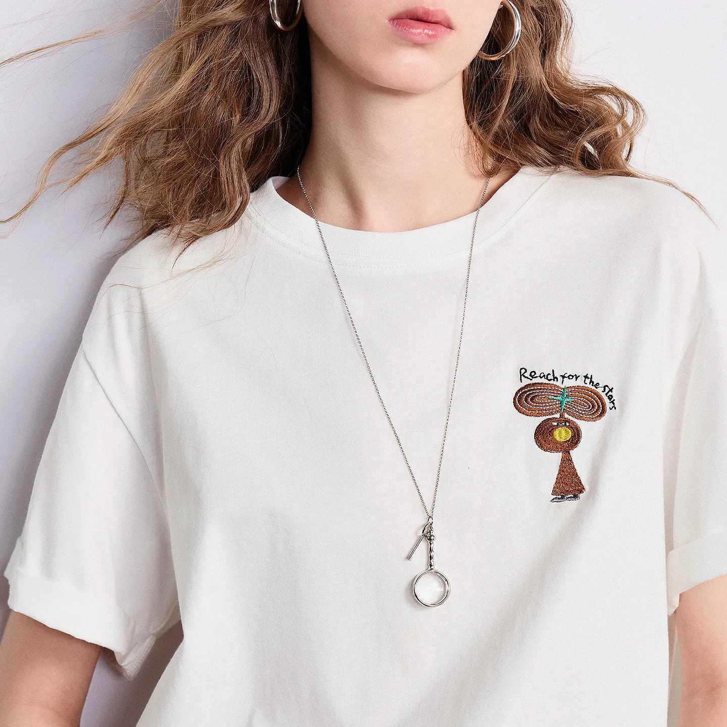 TOYOUTH Women T-shirt 2026 Summer New Embroidered by a Pure Cotton Illustrator with Short Front and Long Back TopT260317