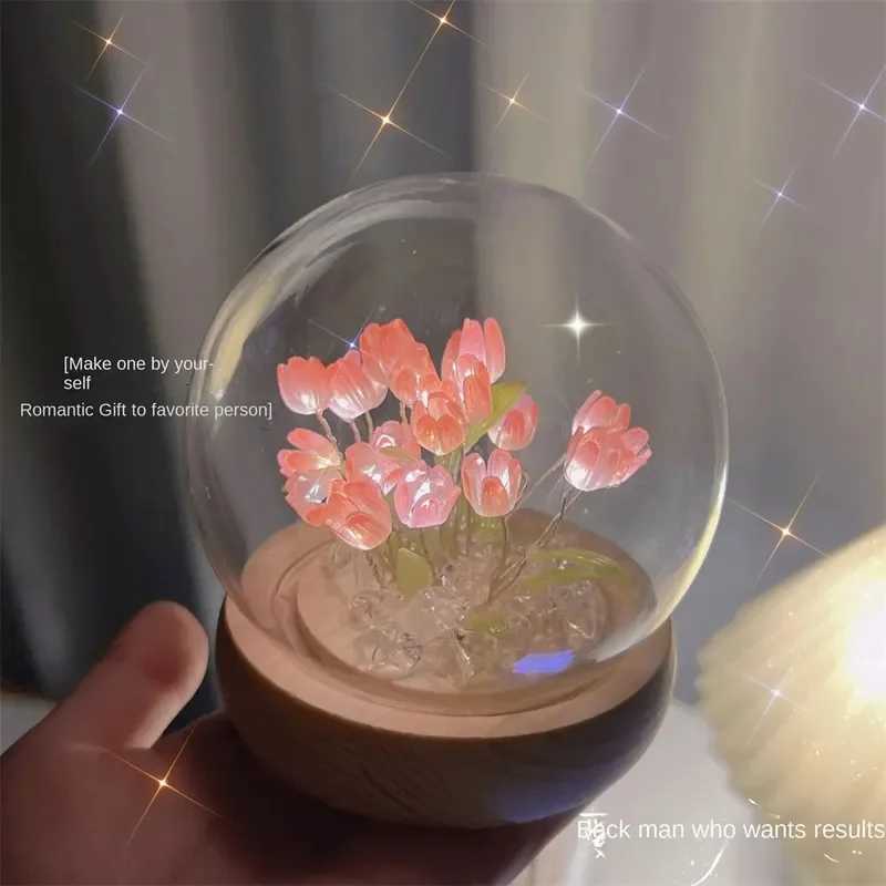 Artificial Tulip Flower Night Light Handmade DIY Bedside Lamp LED Night Lamp Bedroom Decor Christmas Birthday Gifts Table Lamp H260318
