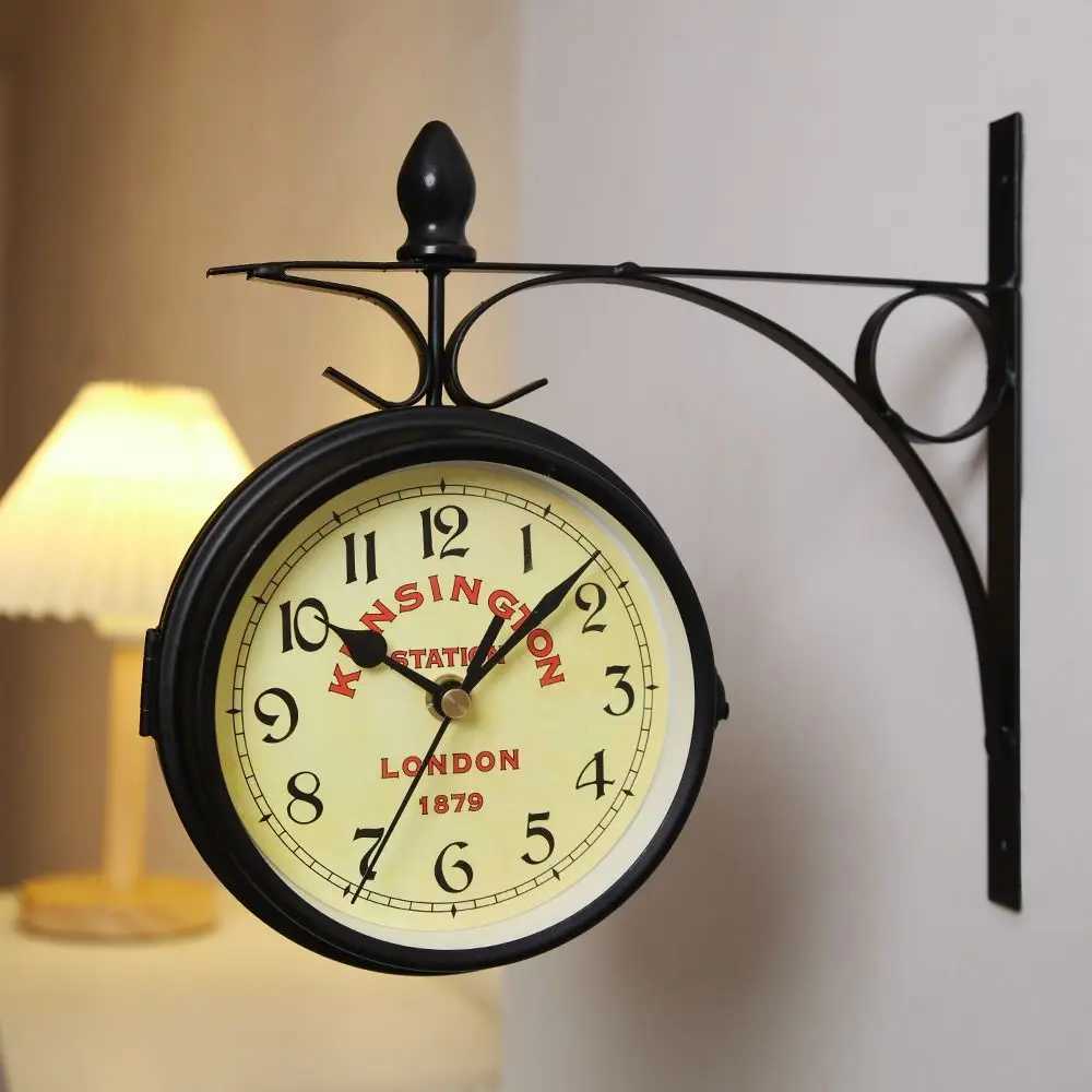 Double Sided Wall Clock High Quality Durable Retro Metal Clock Home Decor Garden Decoration Train Station D260318