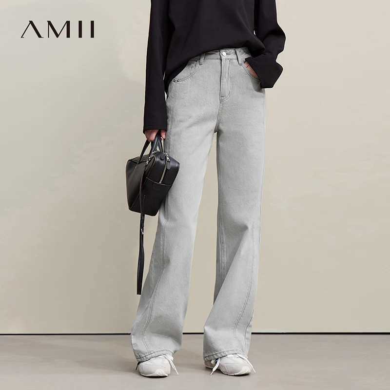 Amii Womens Jeans 2026 Spring New Casual Solid Color Cotton Straight Womens Pants Versatile Long Denim Trousers 12621038T260317