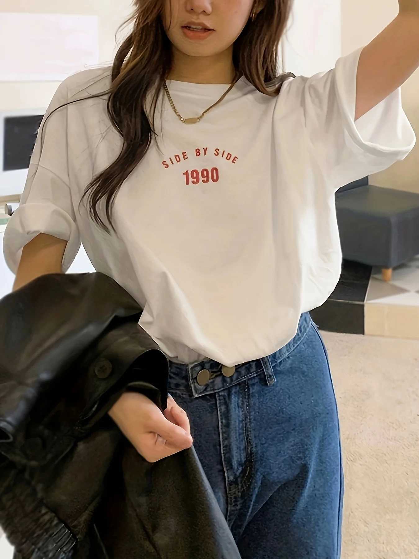 Korean Style 1990 Side By Side Letter Printed Female T-Shirt Summer Casual T Shirt Fashion Loose Streetwear Women TopsT260317