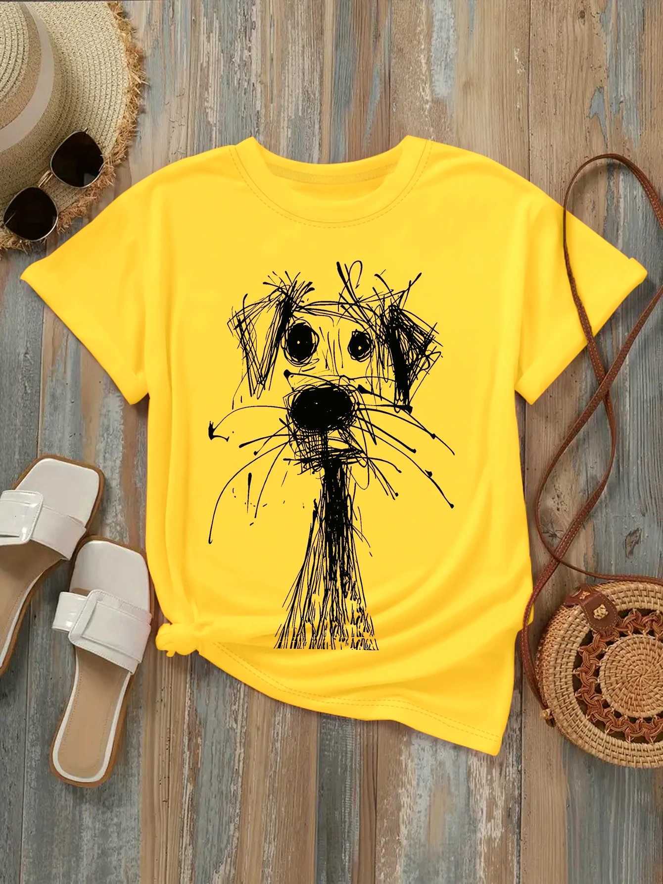 Womens Fashion Printed T-Shirt with Fun Dog Sketch Design Soft Round Neck Short Sleeve Casual Style for Daily Summer ClothingT260317