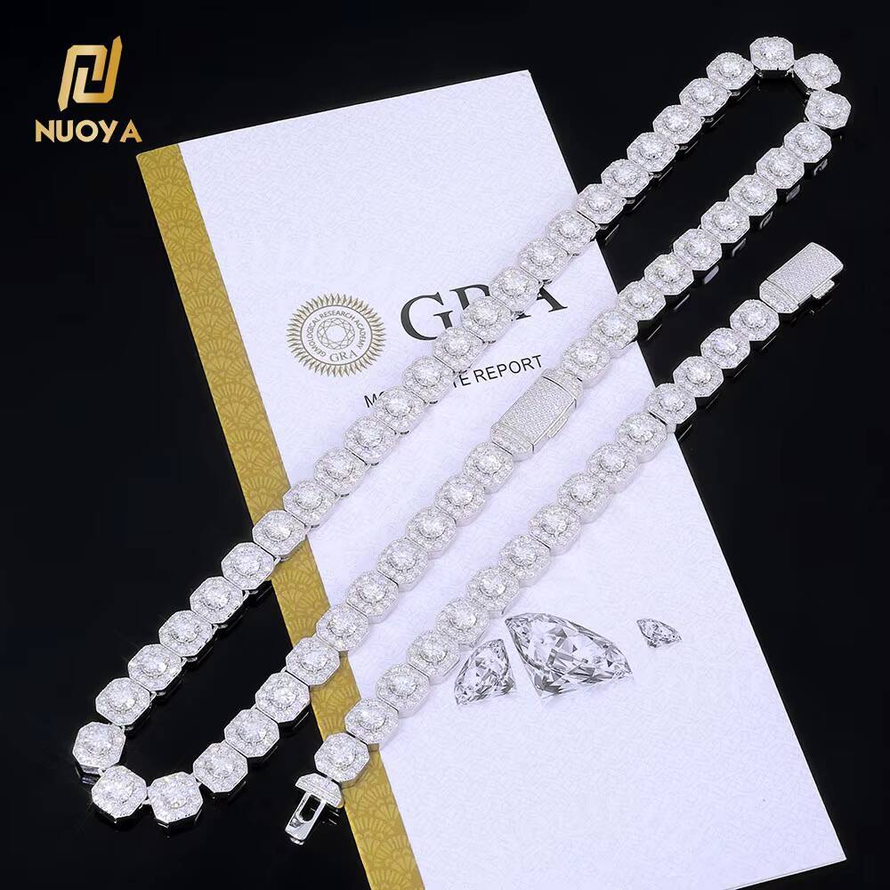 NUOYA 10mm 12mm Iced Out VVS Moissanite Tennis Chain 925 Sterling Silver Clustered Tennis Chain Hip Hop Necklace for Men Women