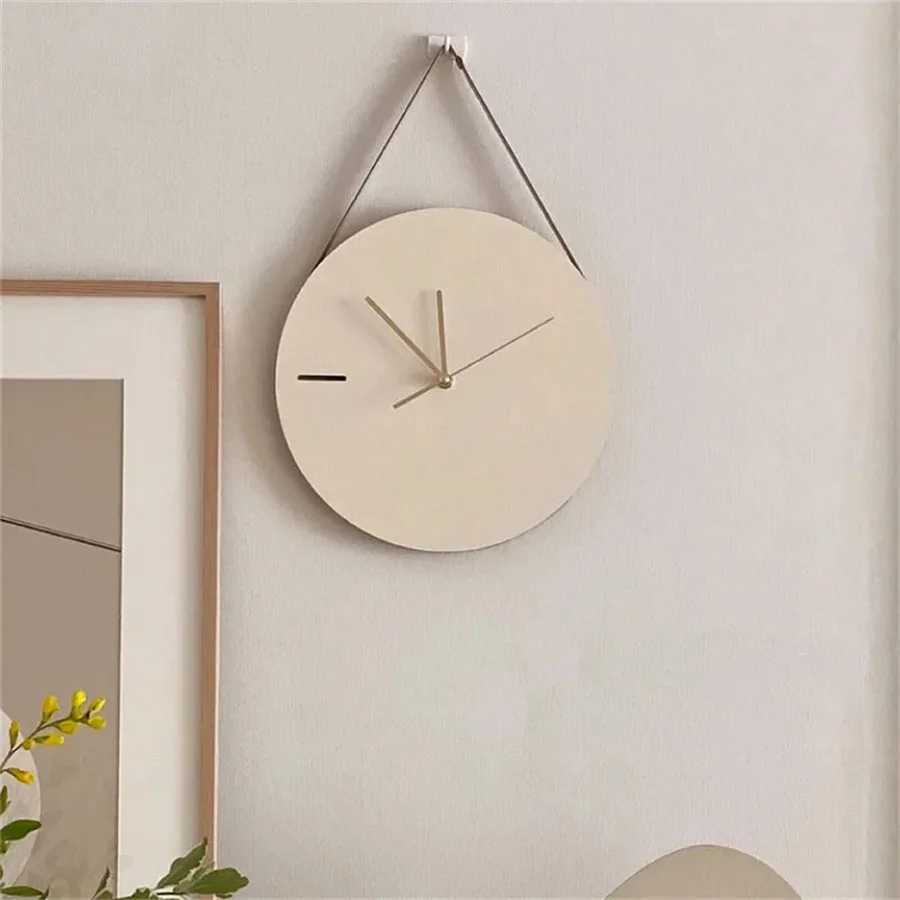 Korean style Wooden Wall Clock Minimalist Wood Silent Mute Clocks Bed Room Quartz Watch Furniture Hanging Ornaments Photo Prop D260318