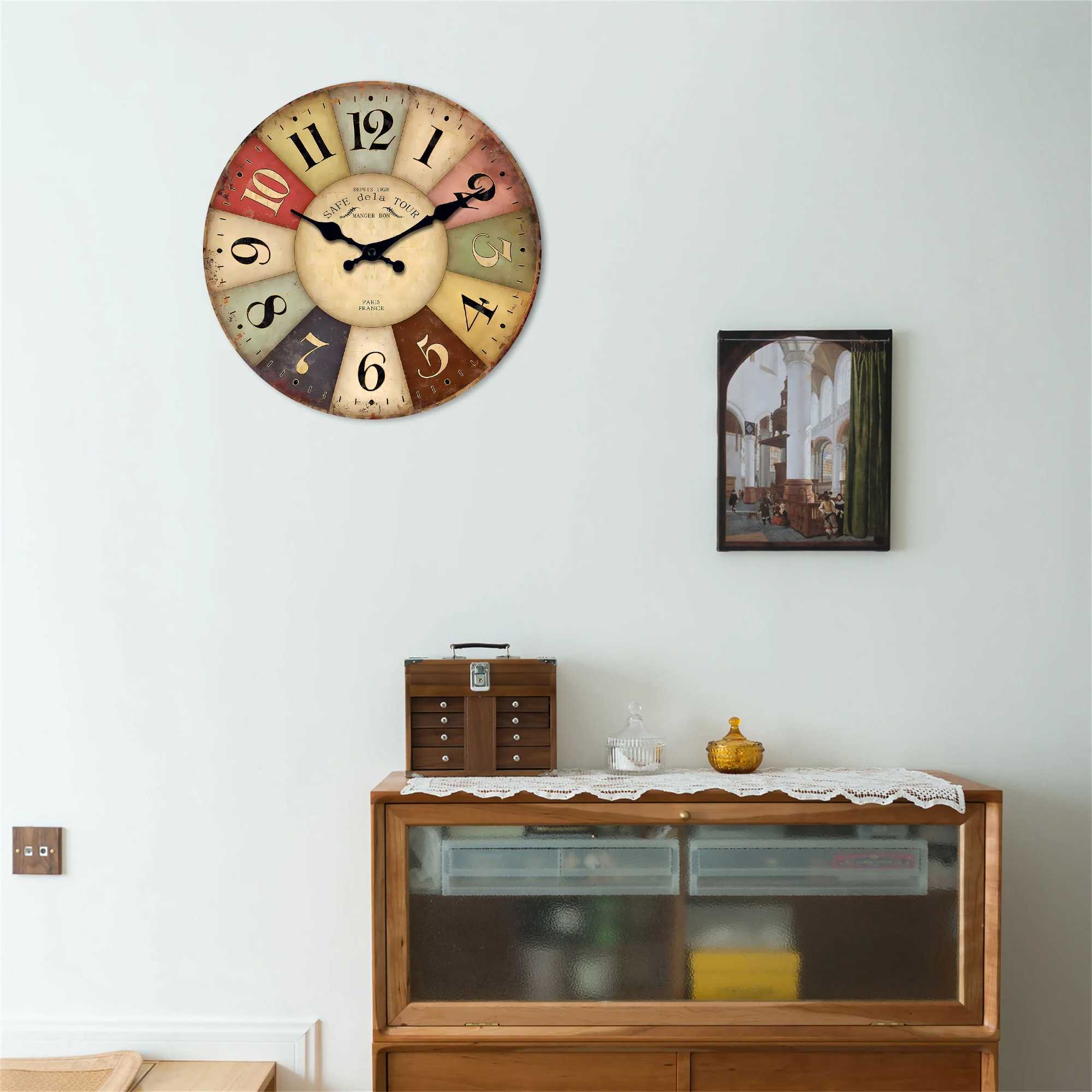 A country retro style colorful square wooden clock wall silent clock home living room kitchen decoration holiday gifts D260318