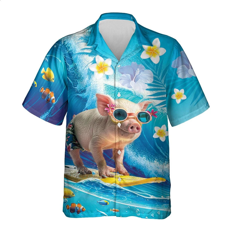 Funny Animal Pig 3D Printed Beach Shirt Cute Pet Graphic Shirts For Men Clothes Casual Hawaiian Surfing Short Sleeve Boy Blouses 260318