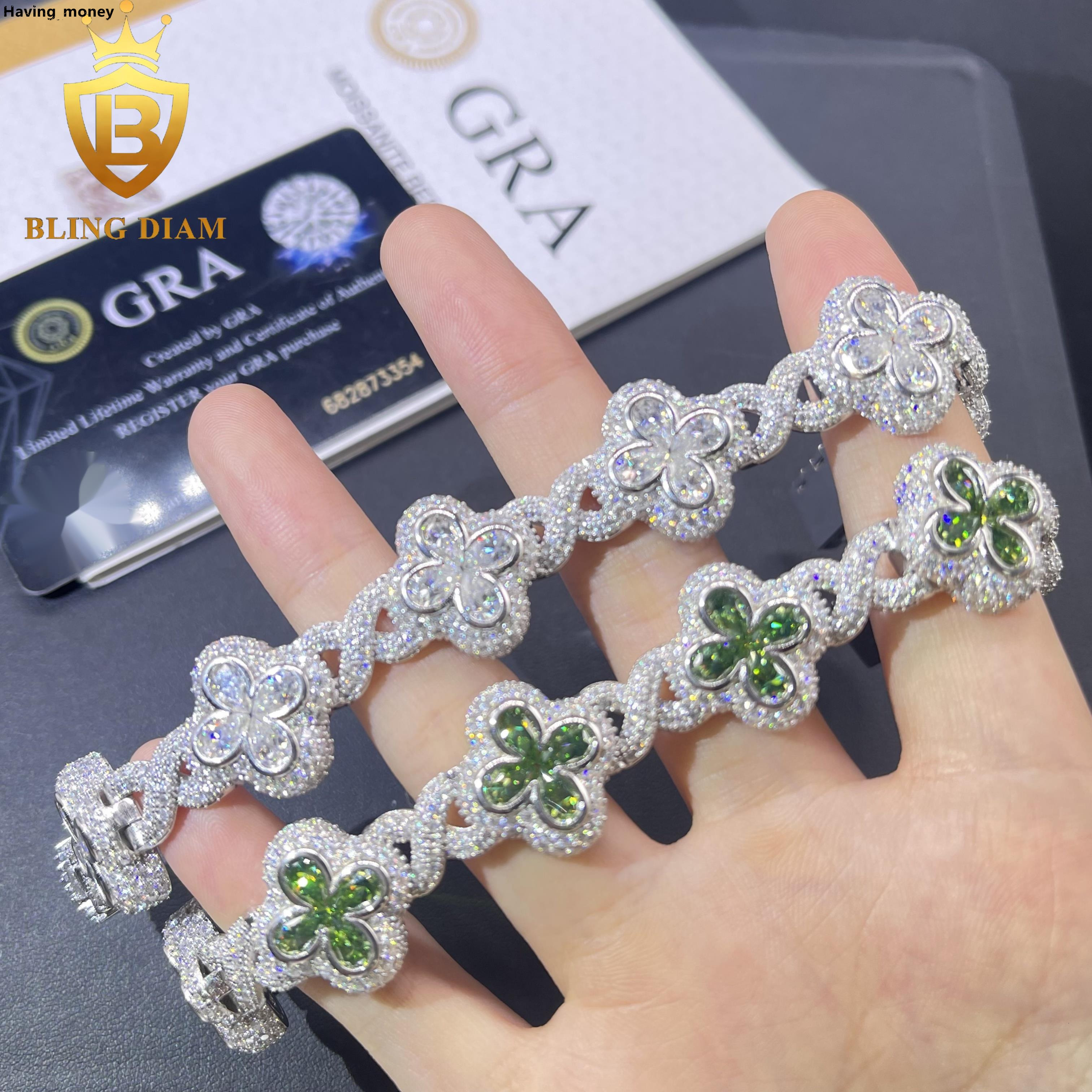 Iced Out Bracelet 4 Leaf Clover Flower 925 Sliver Fine Jewelry 18mm Green Stone Vvs Pear Cut Moissanite Gra Certificate