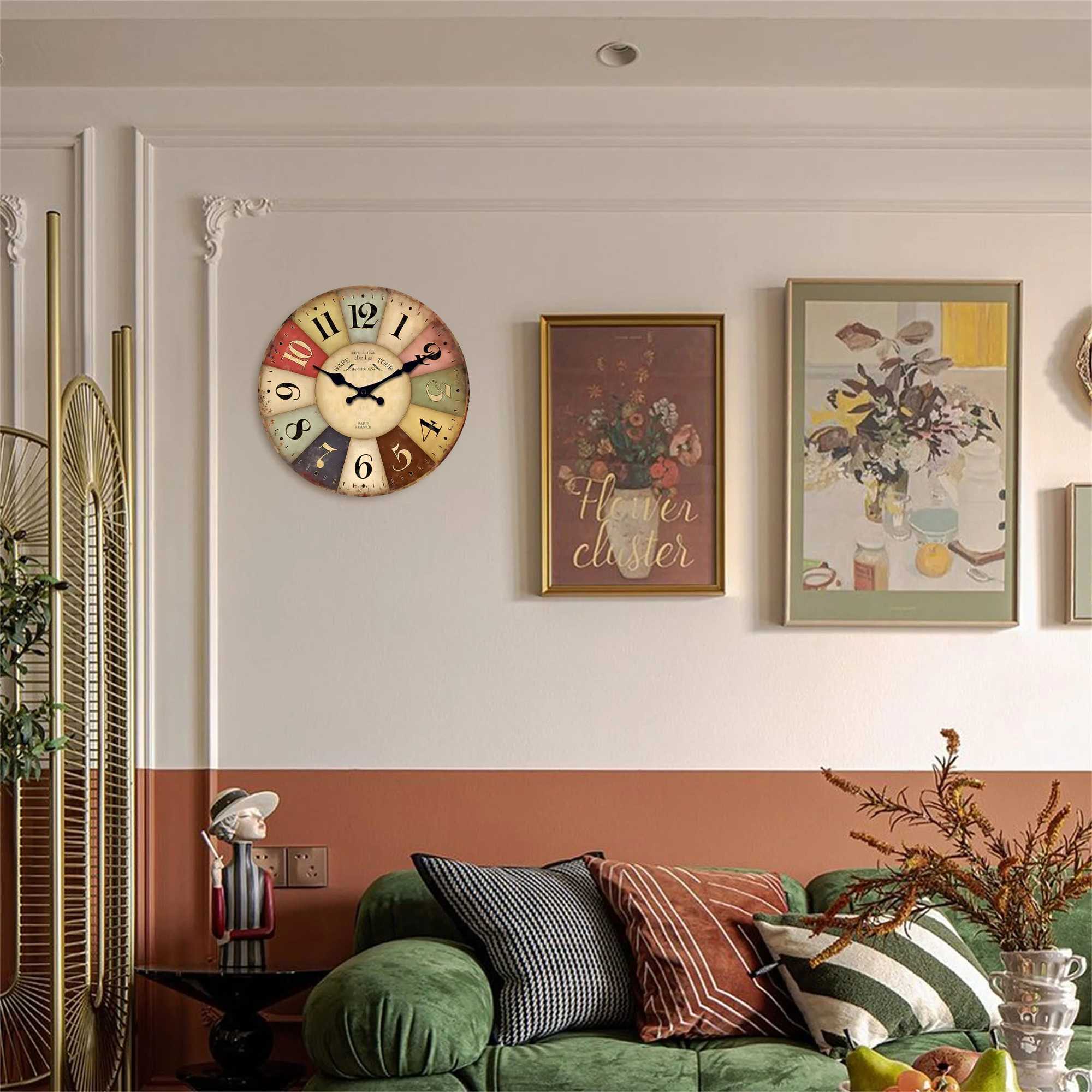 A country retro style colorful square wooden clock wall silent clock home living room kitchen decoration holiday gifts D260318