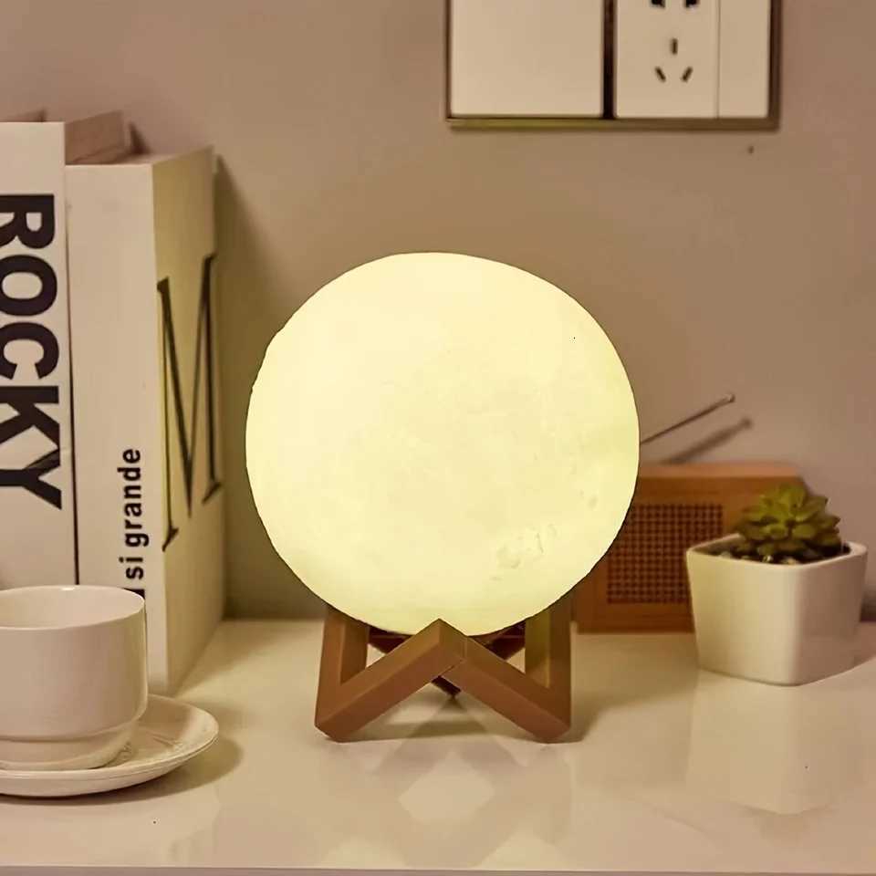 LED night light 3D printed moon lamp 12CM battery-powered with stand starry sky light three-color bedroom decoration gift H260318